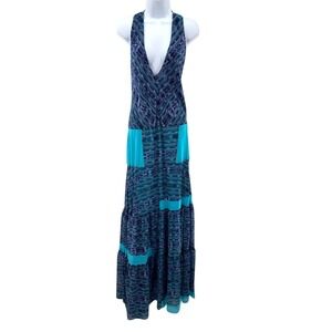 Yaya Aflalo Blue Silk Ikat Maxi Dress Deep V Racerback Tiered Size L Boho Chic
